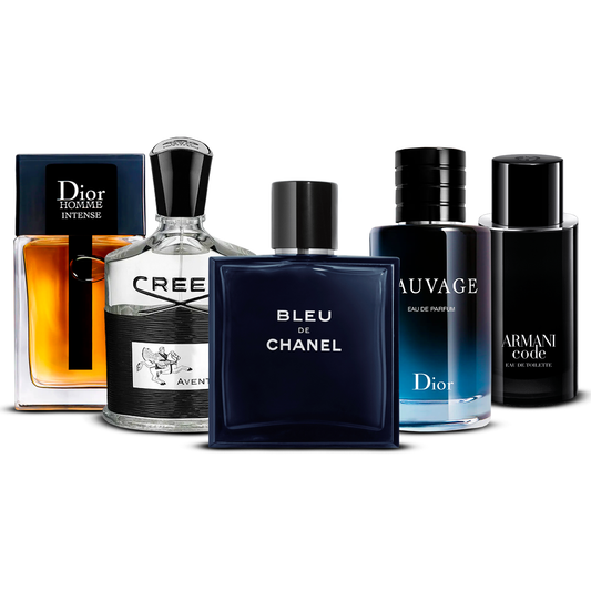 Комплект 5 парфюма  –  Dior Homme Intense, Creed Aventus, Bleu de Chanel, Sauvage и Armani Code   [100 ml всеки]